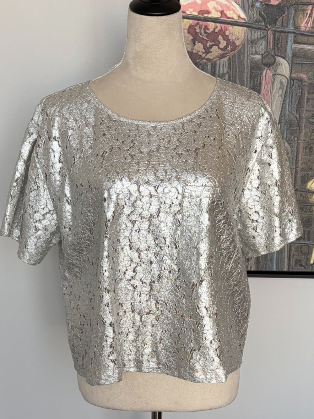 DKNY Silver Metallic Lace Top L